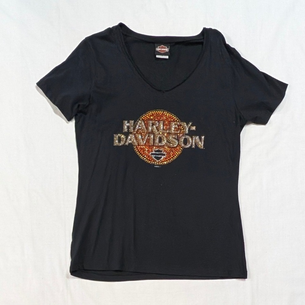 Harley-Davidson Womens V-Neck Rhinestone Graphic Tee Silverton Colorado Black L